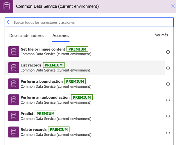 En Microsoft Dataverse, en la pestaña Acciones, elija Enumerar registros.