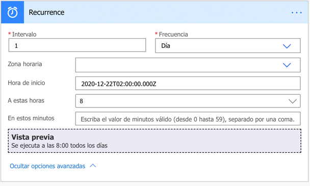El intervalo de 1 y la frecuencia de día con A estas horas configurado a las 8 se ejecutarán todas las mañanas a las 8 a.m.