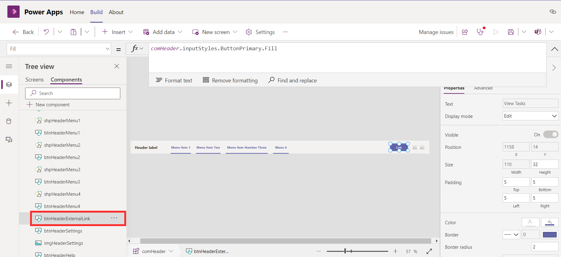 Captura de pantalla del componente seleccionado en el lienzo de edición de Power Apps