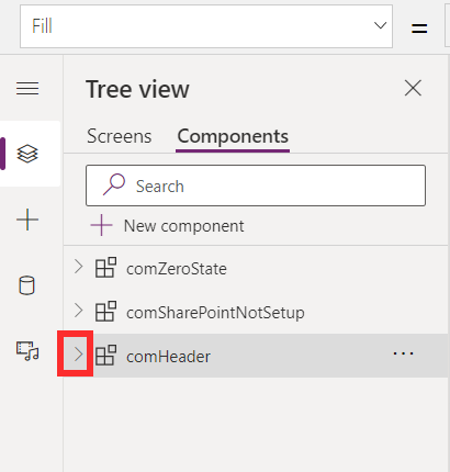 Captura de pantalla de la pestaña Componentes en la vista de árbol de Power Apps