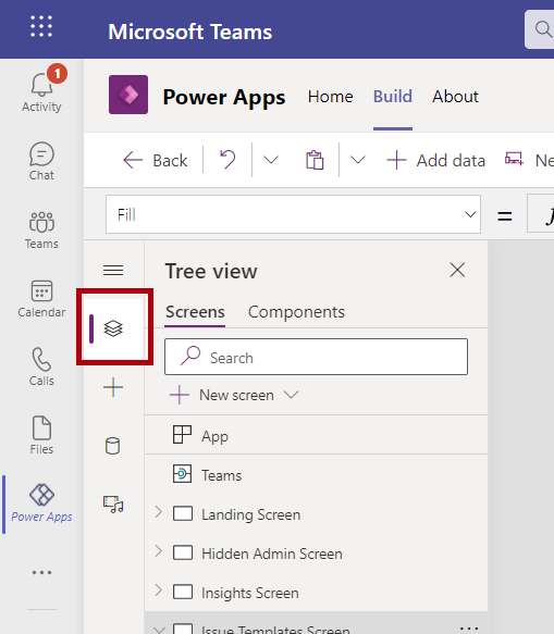 Captura de pantalla de la vista de árbol en Power Apps