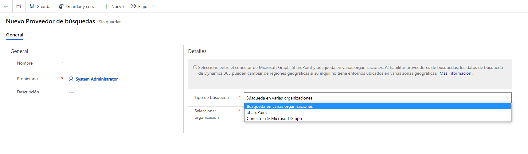 Captura de pantalla del menú Tipo de búsqueda con la opción Búsqueda en varias organizaciones seleccionada