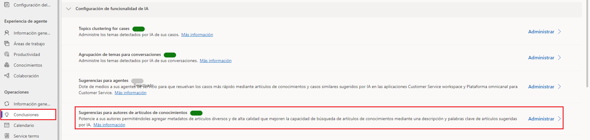 Captura de pantalla del control de alternancia Sugerencias para autores de artículos de conocimientos activada.