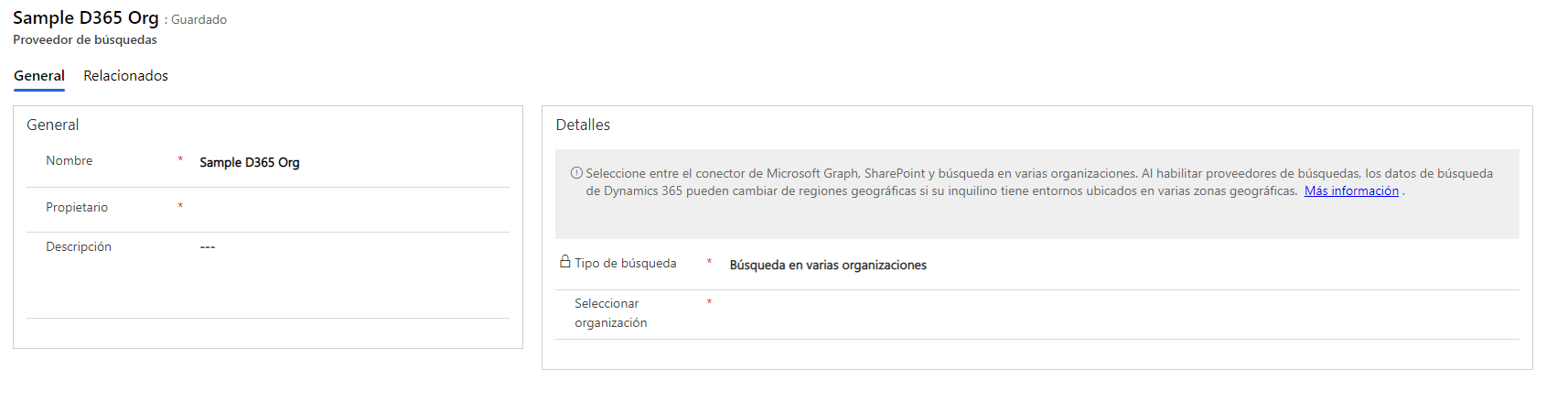 Captura de pantalla del Tipo de búsqueda configurado como Búsqueda en varias organizaciones