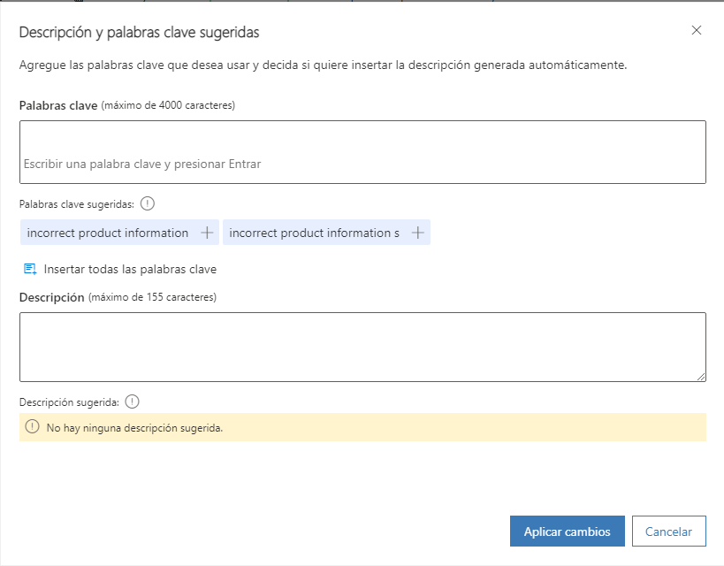 Captura de pantalla de la vista Descripción y palabras clave sugeridas.