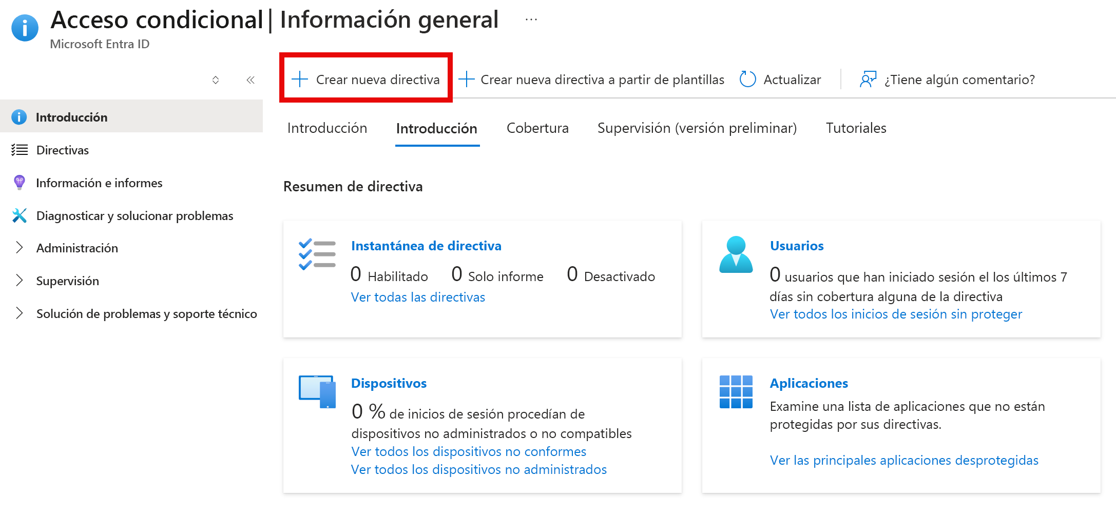 Captura de pantalla que resalta el botón Nueva directiva en Azure Portal.