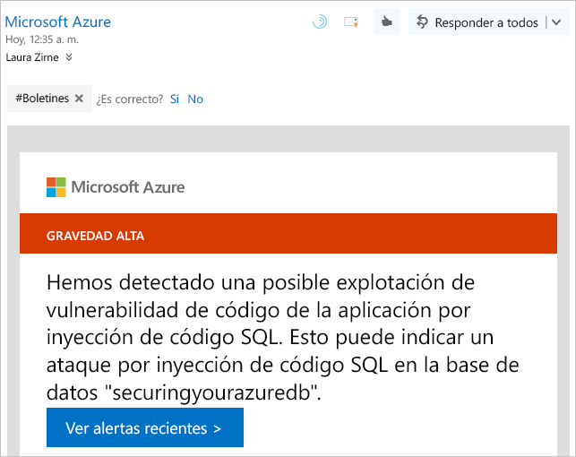 Screenshot shows an example notification warning from Microsoft Defender for Cloud.