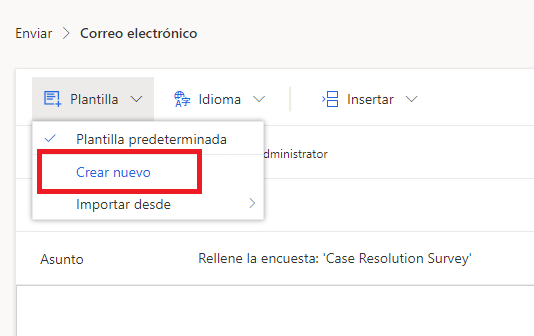 Captura de pantalla que muestra el menú Plantilla abierto en una encuesta de Dynamics 365 Customer Voice. La opción Crear nueva aparece resaltada.