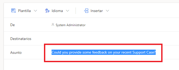 Imagen de pantalla que muestra una plantilla de correo electrónico de una encuesta en Dynamics 365 Customer Voice. El asunto está resaltado.