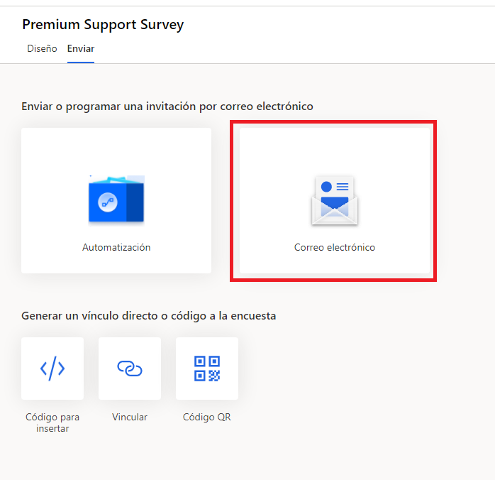 Captura de pantalla que muestra la pestaña Enviar de una encuesta de Dynamics 365 Customer Voice. La opción Correo electrónico aparece resaltada.