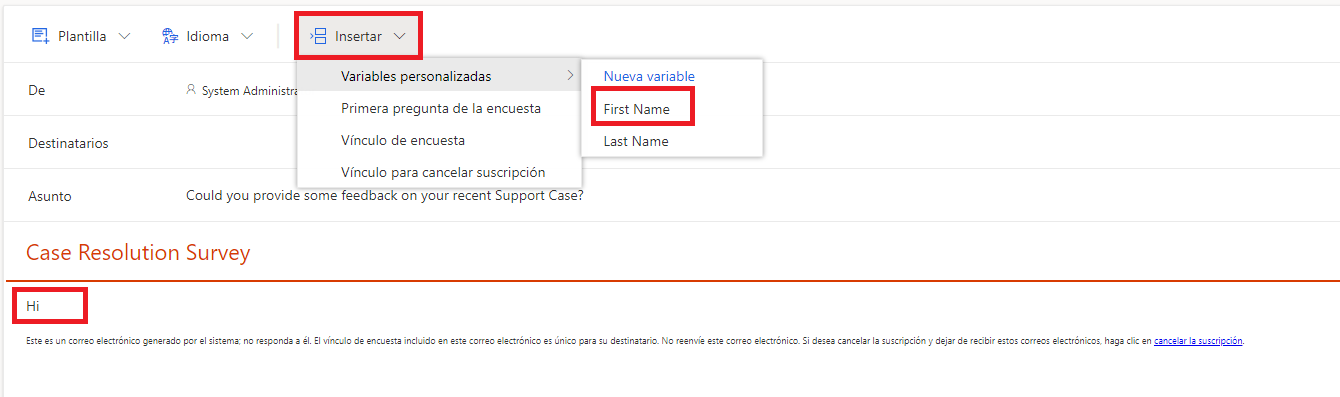 Captura de pantalla que muestra el menú Insertar abierto con la variable First Name resaltada para agregarla a una plantilla de correo electrónico de Dynamics 365 Customer Voice.