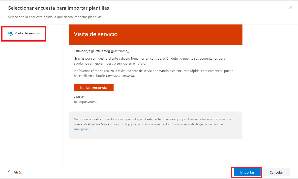 Captura de pantalla que muestra una vista preliminar de la plantilla de correo electrónico Visita de servicio y el botón Importar en la parte inferior de la pantalla resaltado