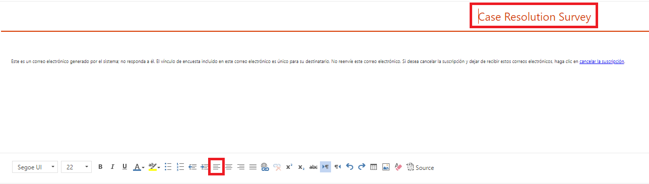 Captura de pantalla que muestra una plantilla de correo electrónico que se está editando en Dynamics 365 Customer Voice.
