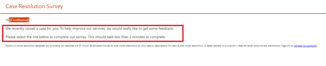 Captura de pantalla que muestra el cuerpo de un correo electrónico en Dynamics 365 Customer Voice.