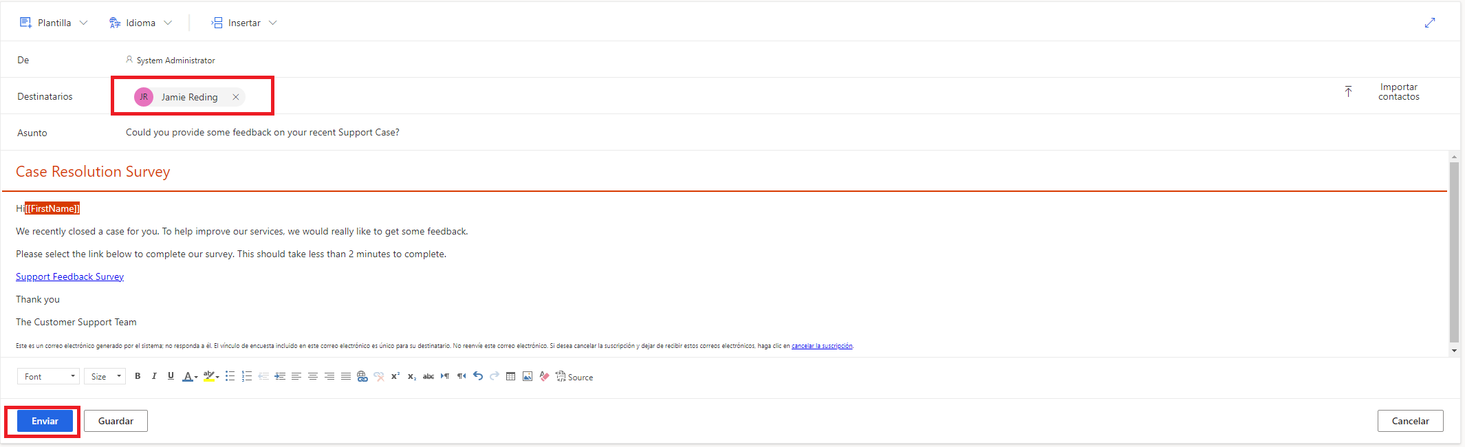 Captura de pantalla que muestra la pantalla Enviar correo electrónico abierta para una encuesta de Dynamics 365 Customer Voice. El campo Destinatario aparece destacado con un contacto agregado y el botón Enviar también aparece resaltado.