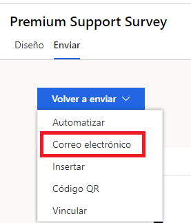 Captura de pantalla que muestra la pestaña Enviar de una encuesta con el menú Reenviar abierto. La opción Correo electrónico está resaltada.