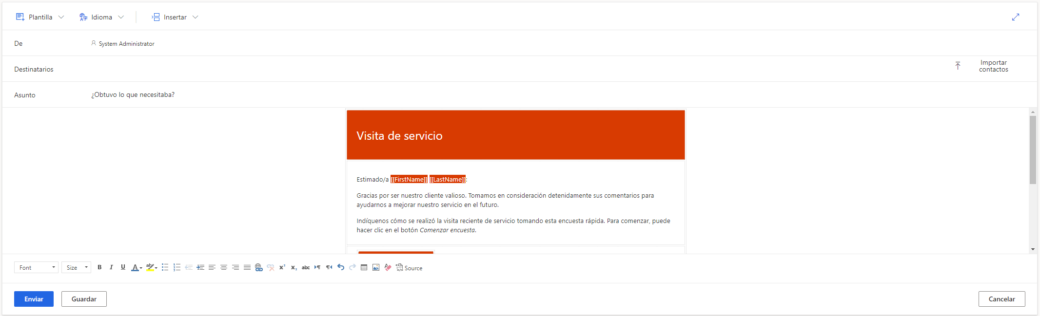 Captura de pantalla que muestra una plantilla de correo electrónico terminada y lista para editarla o utilizarla para enviarla a un contacto
