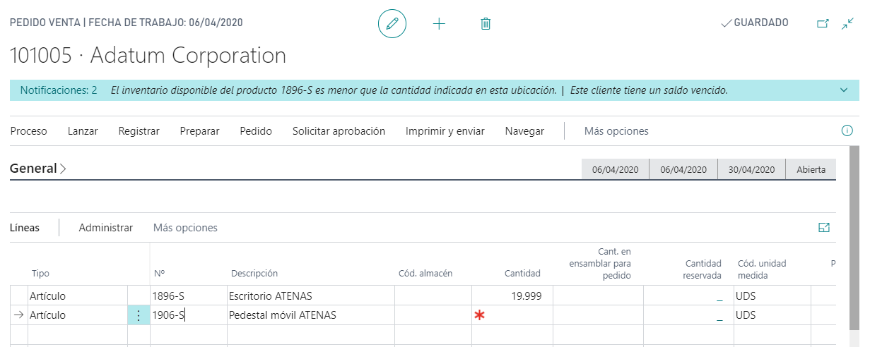 Captura de pantalla del pedido de ventas con un ejemplo de notificación.