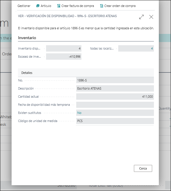 Captura de pantalla de los detalles del inventario actual en Mostrar detalles