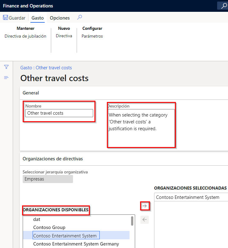  Captura de pantalla de la página Gastos: otros costes de viaje.