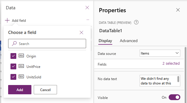 Captura de pantalla de la vista de columnas disponibles en la aplicación