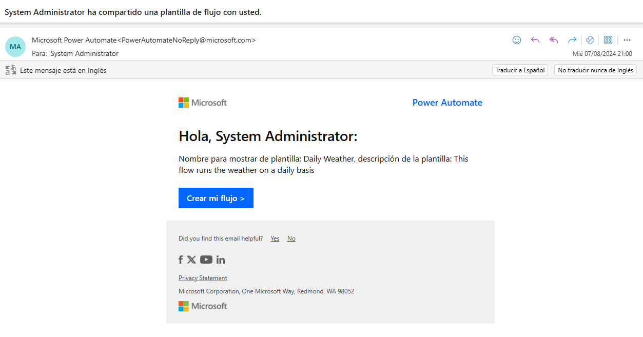 Captura de pantalla de la notificación por correo electrónico indicando que se ha enviado un flujo como copia