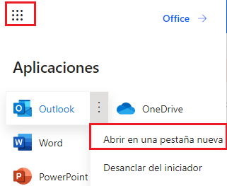 Captura de pantalla del iniciador de aplicaciones, que muestra Outlook seleccionado con el botón Abrir en una pestaña nueva y resaltado.
