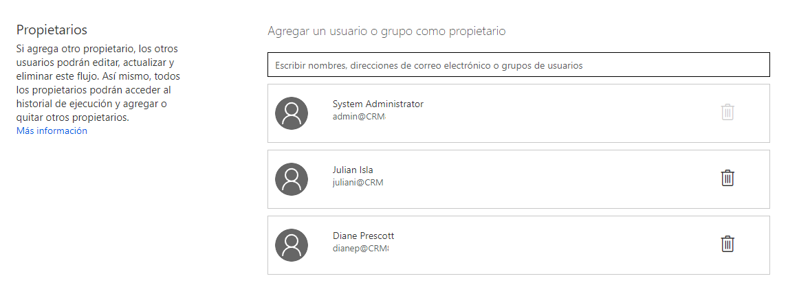 Captura de pantalla que muestra la lista de propietarios donde puede agregar usuarios o grupos