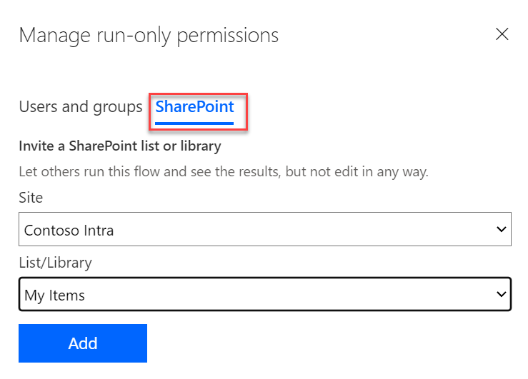 Captura de pantalla que muestra el panel de compartir donde puede configurar un usuario de Listas  Microsoft para que tenga los permisos para ejecutar el flujo
