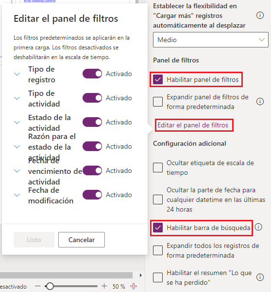 Captura de pantalla de la opción Editar el panel de filtros