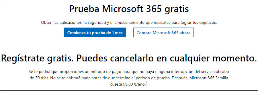 Imagen de la opción Obtener Microsoft 365 gratis en la página.