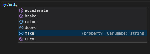 Intellisense showing all of the public members of the Car class with properties and the worker method set to private: accelerate, brake, color, doors, make, and turn.