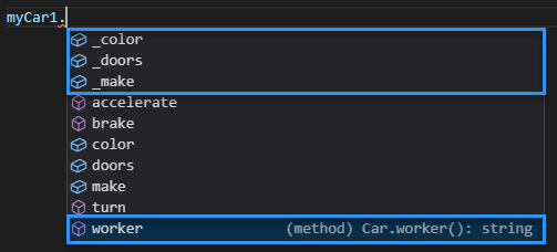 Intellisense showing all of the public members of the Car class: color, doors, make, accelerate, brake, color, doors, make, turn, and worker.