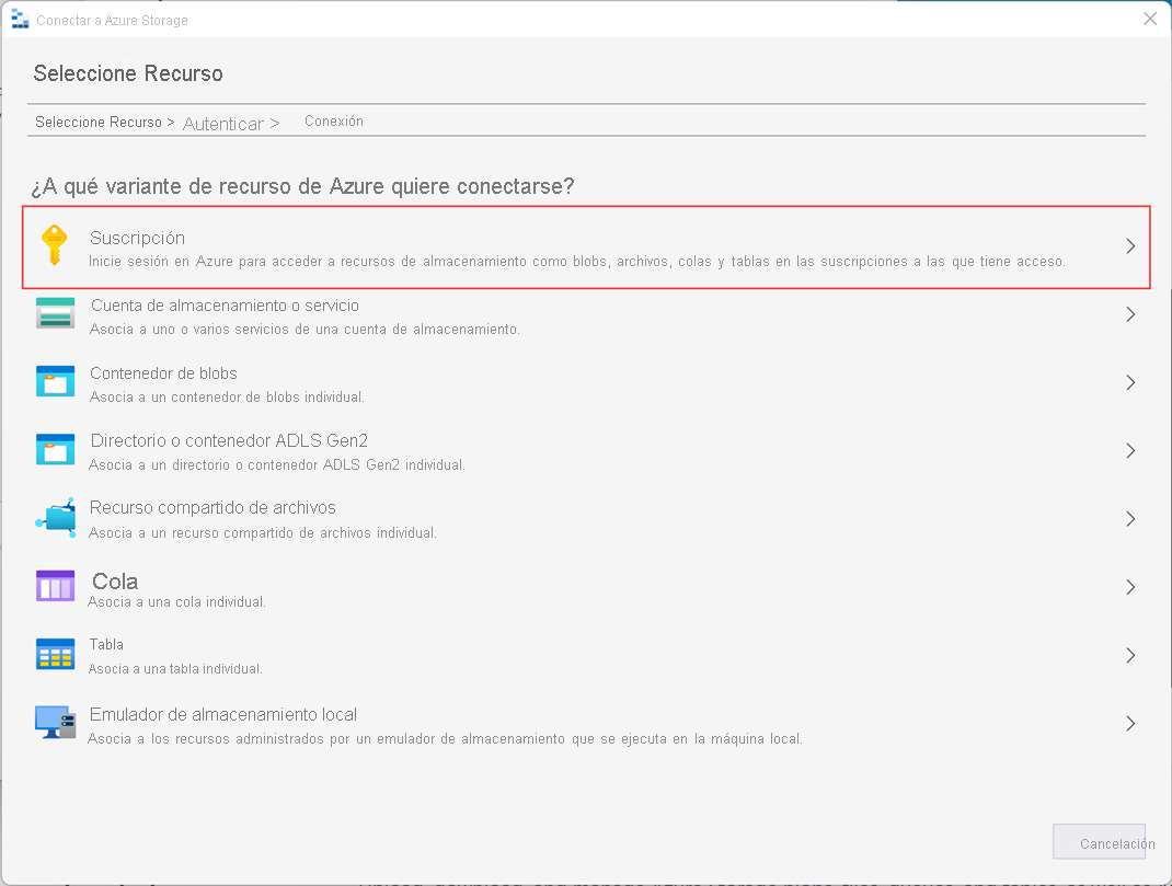 Captura de pantalla que muestra la pantalla Seleccionar recurso en el asistente de Azure Storage.