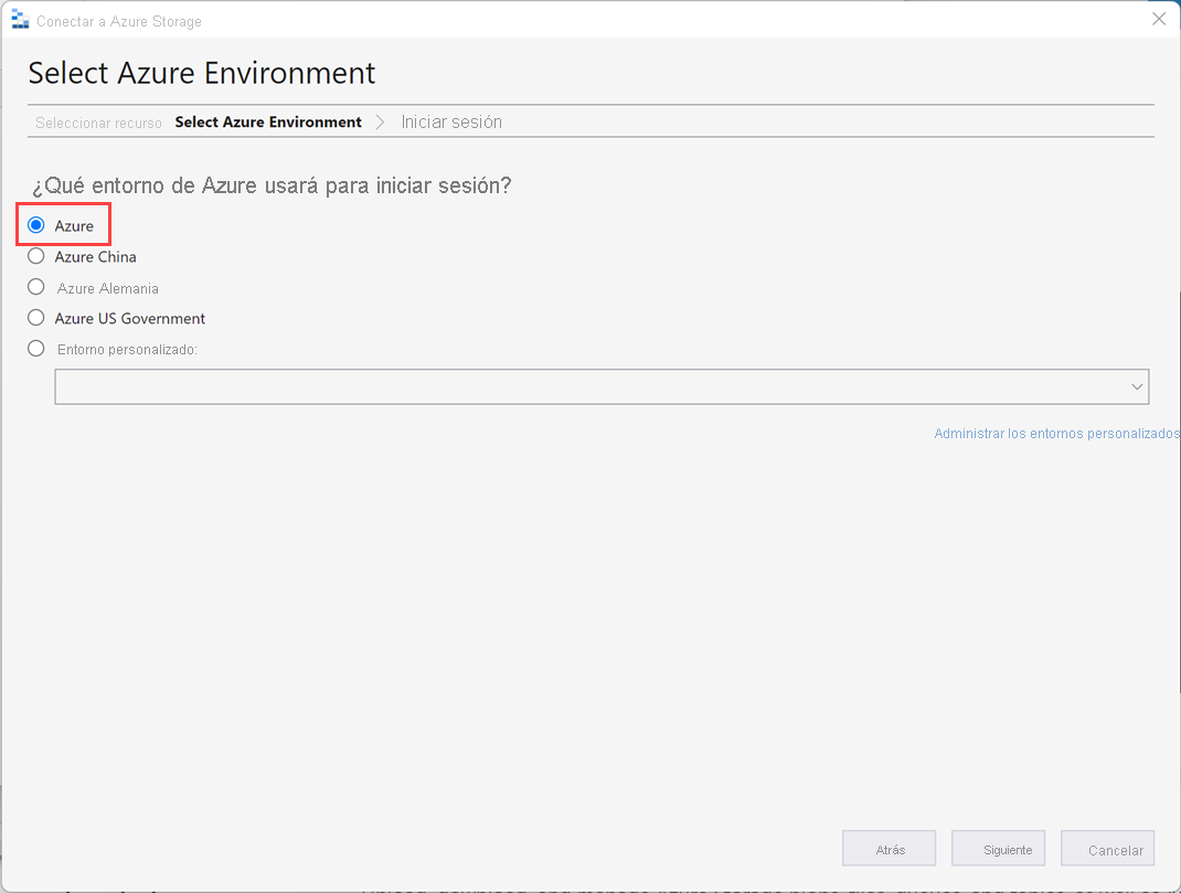 Captura de pantalla que muestra la pantalla Seleccionar entorno de Azure en el Asistente para conexión de Azure Storage.