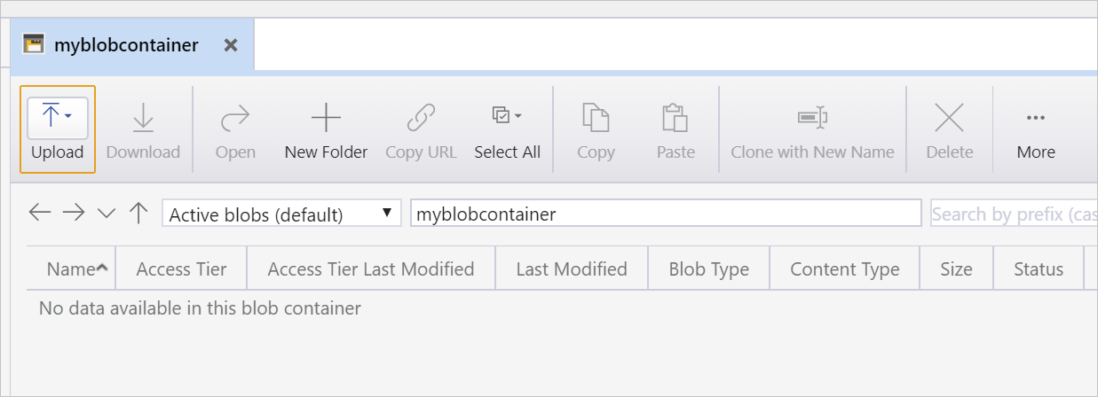 Captura de pantalla en la que se muestran el contenido y los detalles del nuevo contenedor de blobs myblobcontainer.