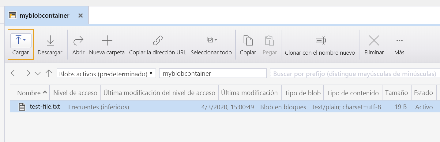Captura de pantalla en la que se muestra el archivo en la cuenta de almacenamiento.