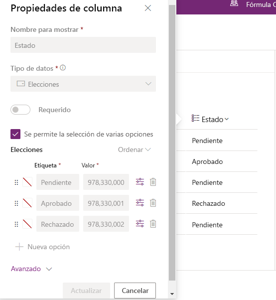 Captura de pantalla de Propiedades de columna