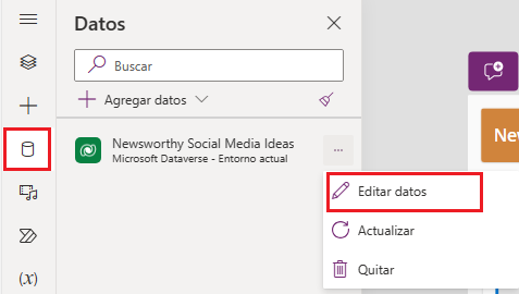 Captura de pantalla de la pestaña Datos, con la selección del menú Más acciones