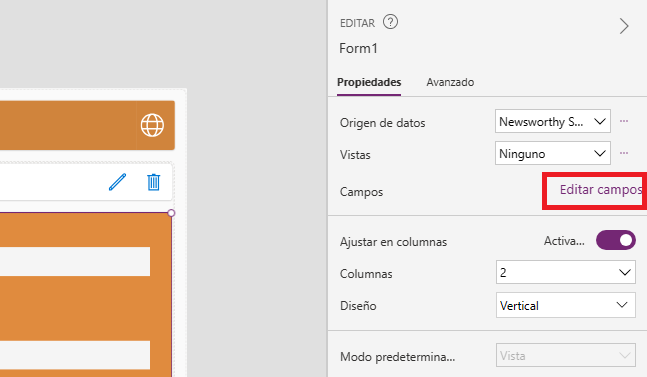Captura de pantalla del botón Editar campos