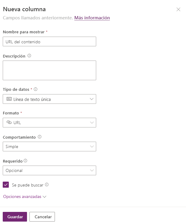 Captura de pantalla del cuadro de diálogo Crear nueva columna