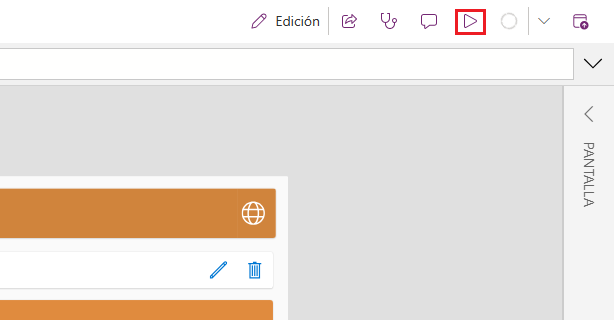Captura de pantalla del botón Reproducir aplicación