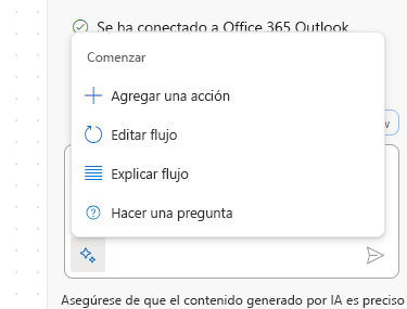 Captura de pantalla con las acciones de Copilot