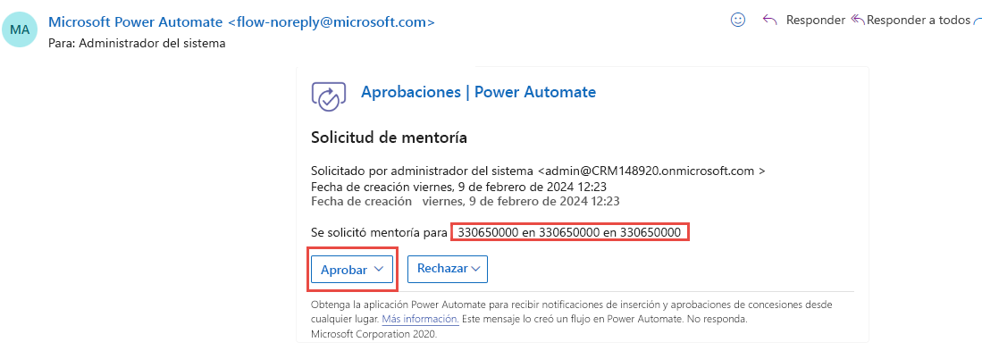 Captura de pantalla con el correo electrónico de solicitud de aprobación