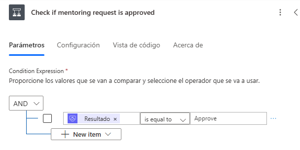 Captura de pantalla con los valores de la condición