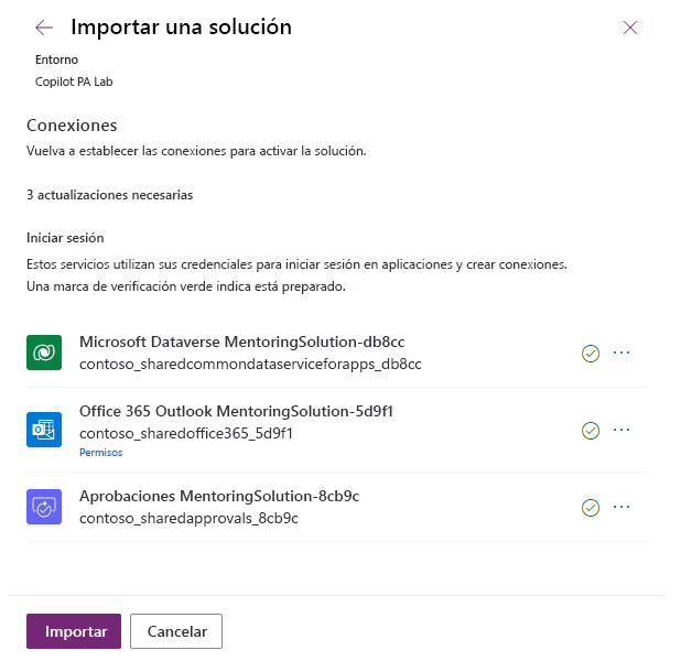 Captura de pantalla con los conectores empleados por la solución