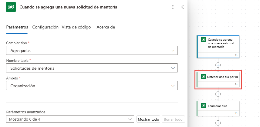Captura de pantalla con la información introducida en la pestaña Parámetros y la acción Obtener fila por id. resaltada