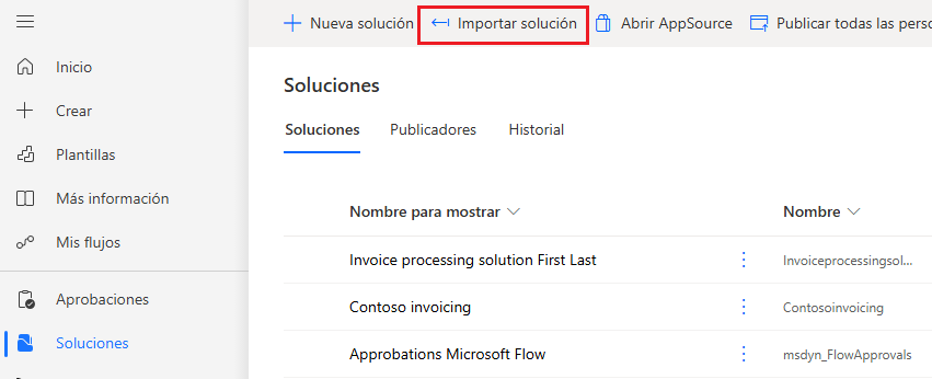 Captura de pantalla con el botón Importar solución