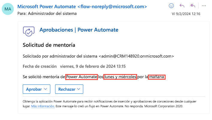 Captura de pantalla con el correo electrónico de solicitud de aprobación mejorado