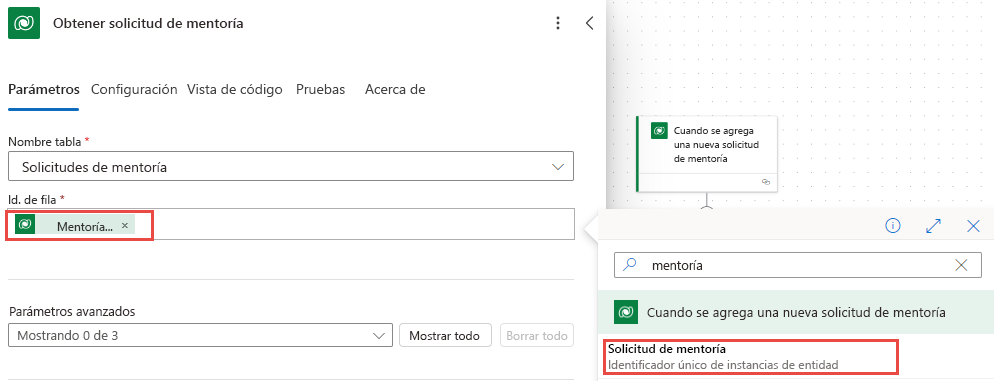 Captura de pantalla con el valor seleccionado para el campo Id. de fila